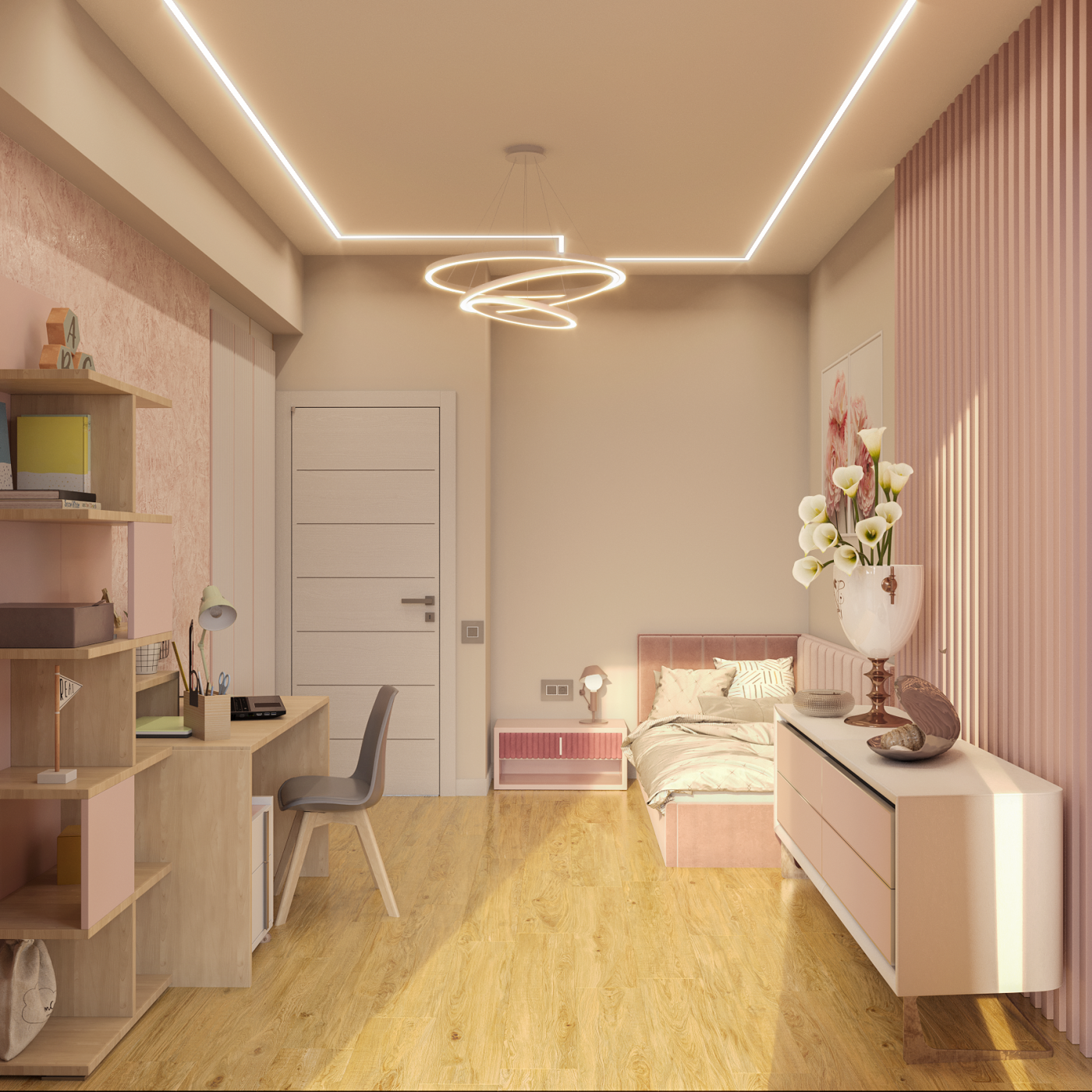 bedroom in pink tones