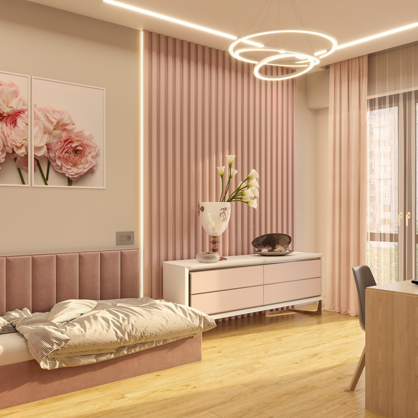 bedroom in pink tones