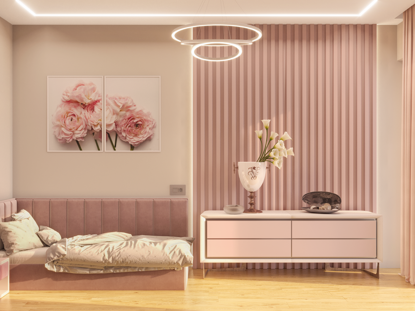 bedroom in pink tones