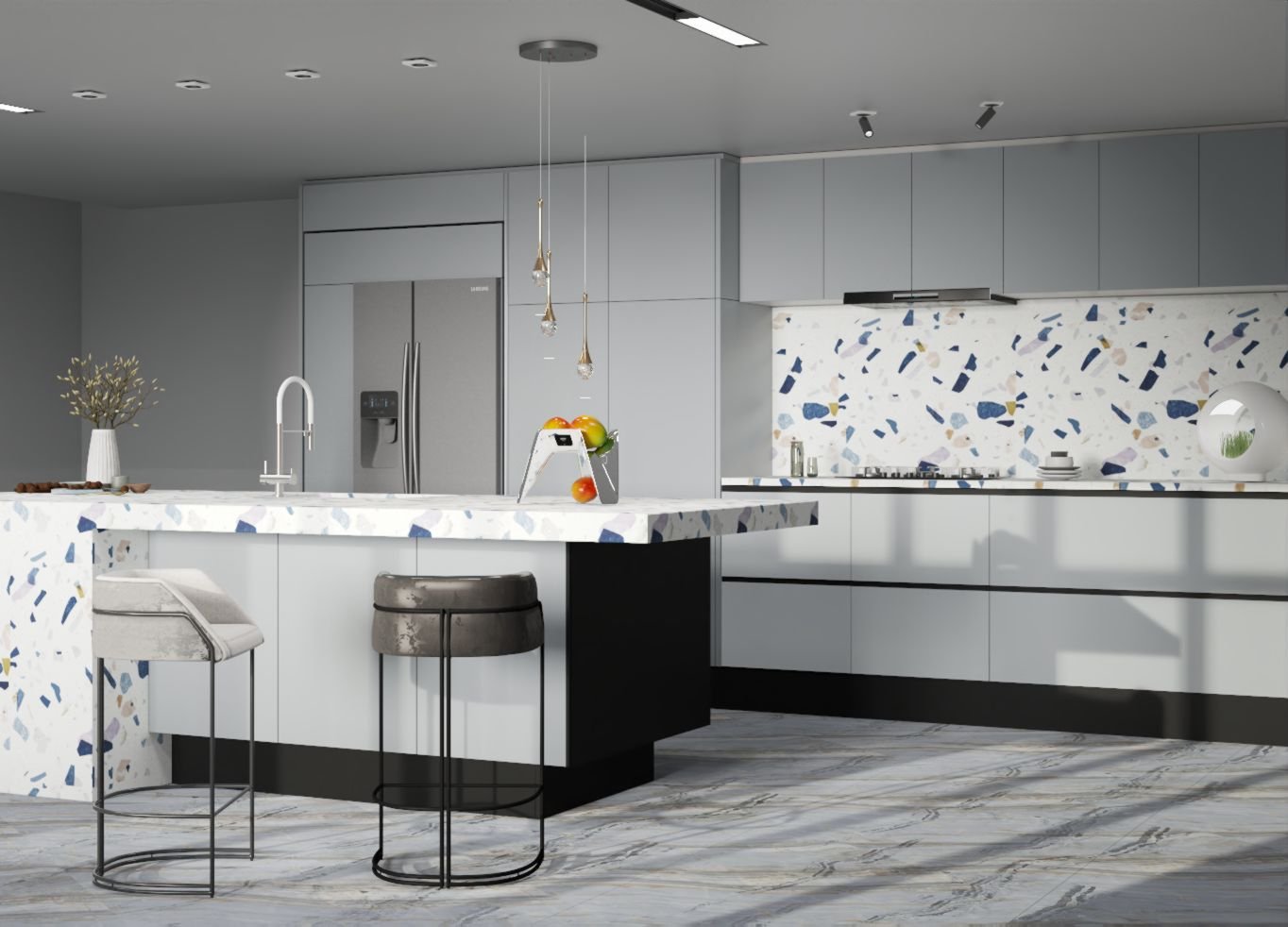 Kitchen, bar counter, bar stools, terrazzo tiles