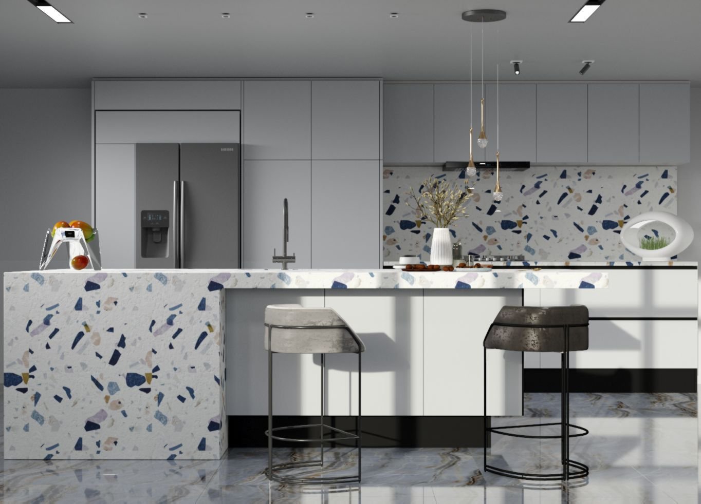 Kitchen, bar counter, bar stools, terrazzo tiles