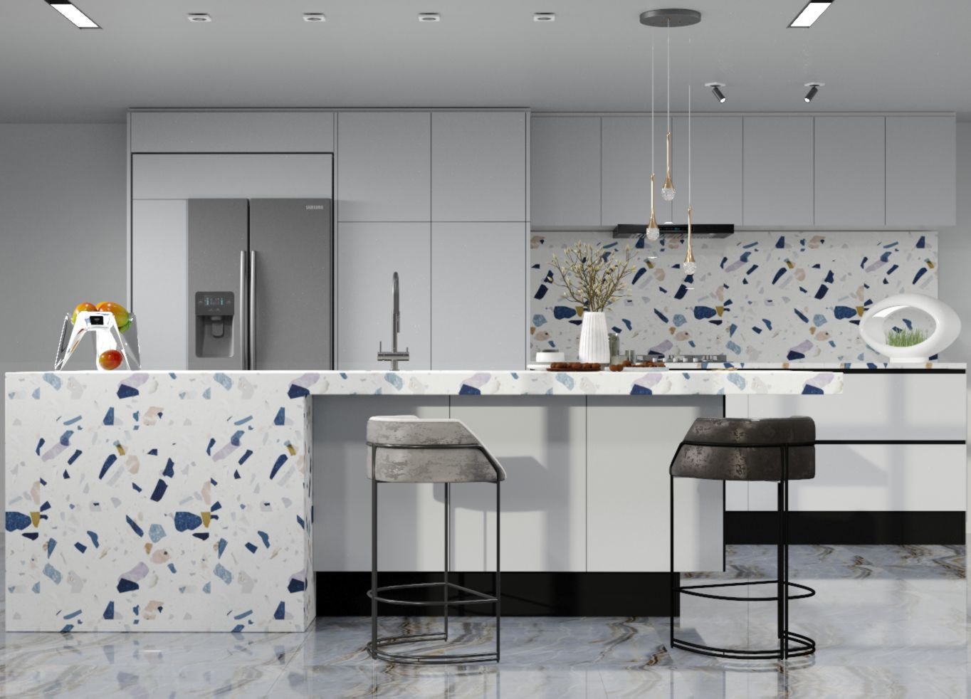 Kitchen, bar counter, bar stools, terrazzo tiles