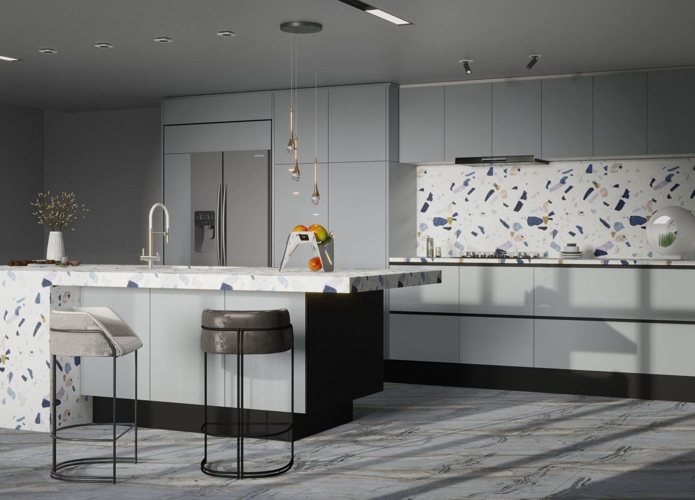 Kitchen, bar counter, bar stools, terrazzo tiles