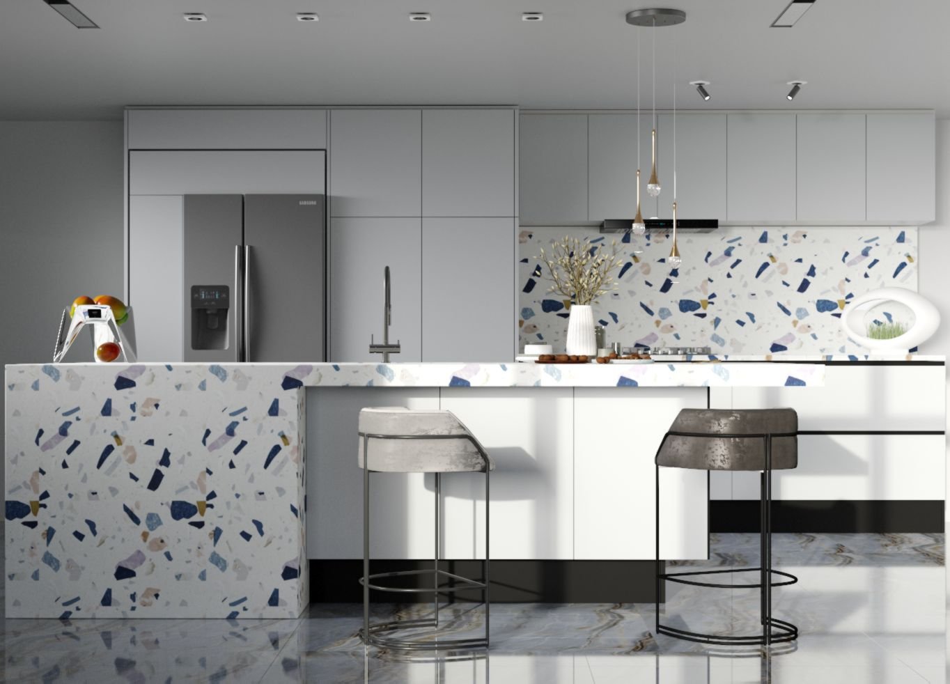 Kitchen, bar counter, bar stools, terrazzo tiles