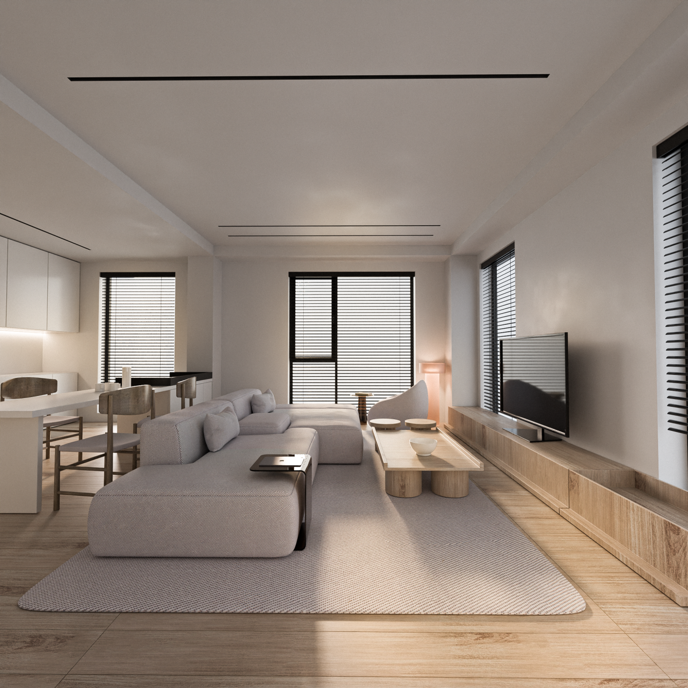 Living room and kitchen in white and sandy tones.