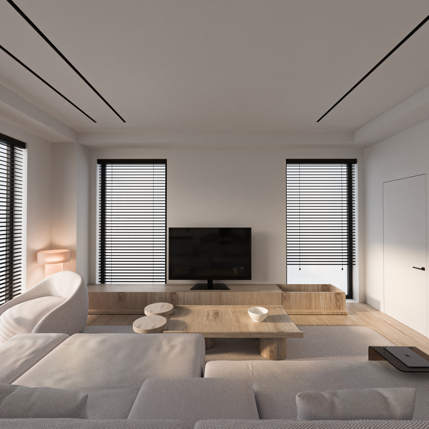 Living room and kitchen in white and sandy tones.