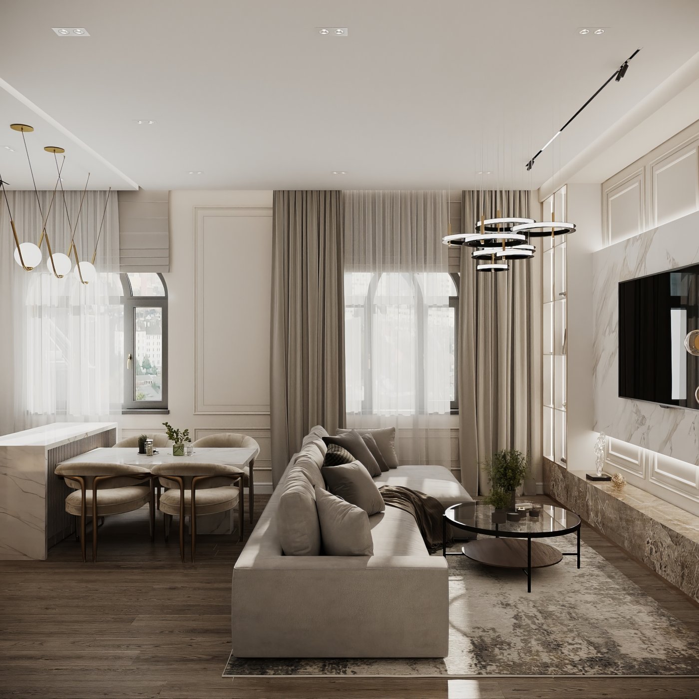 Neoclassical living room and kitchen