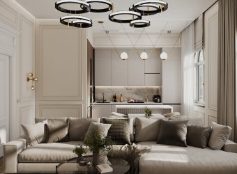 Neoclassical living room and kitchen