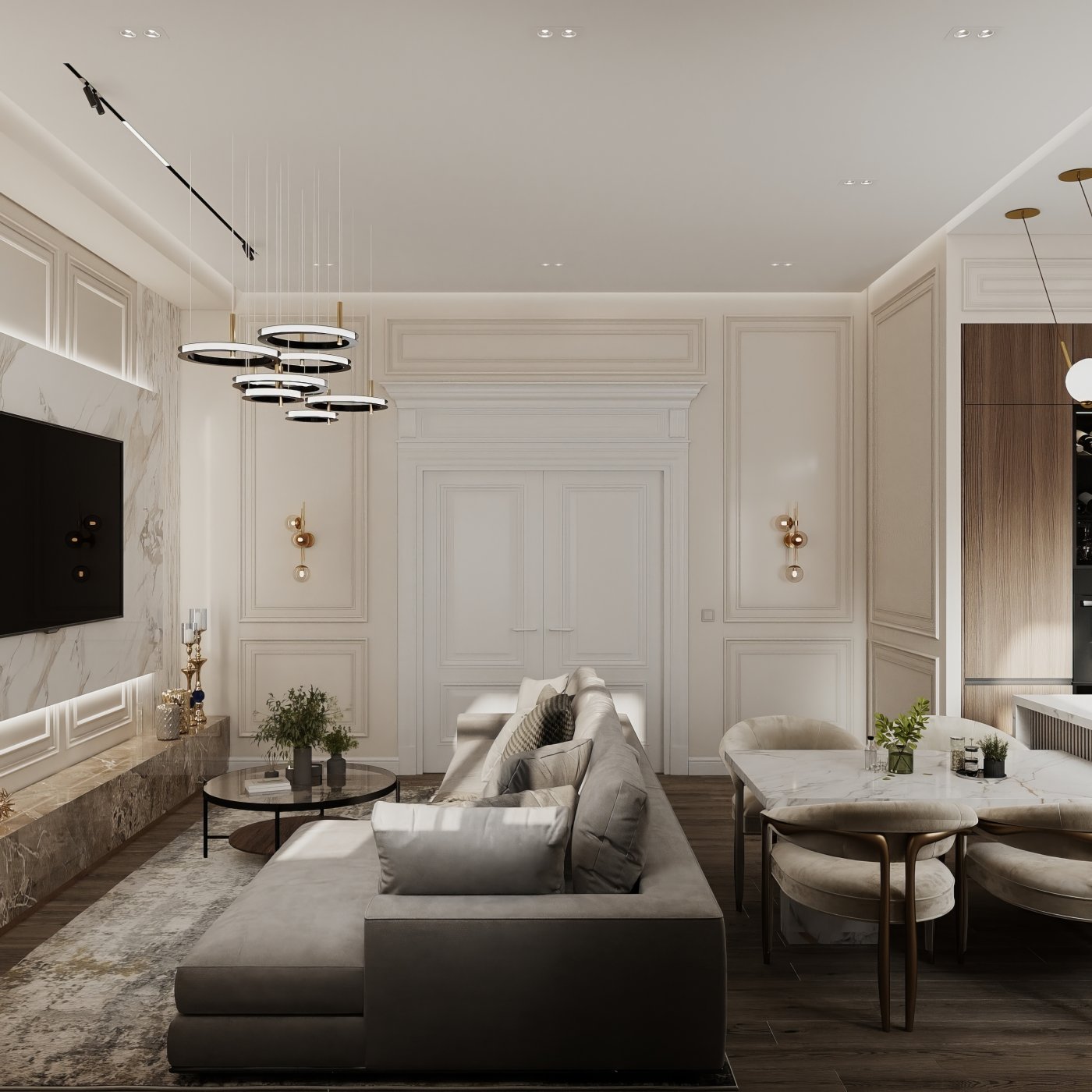 Neoclassical living room and kitchen