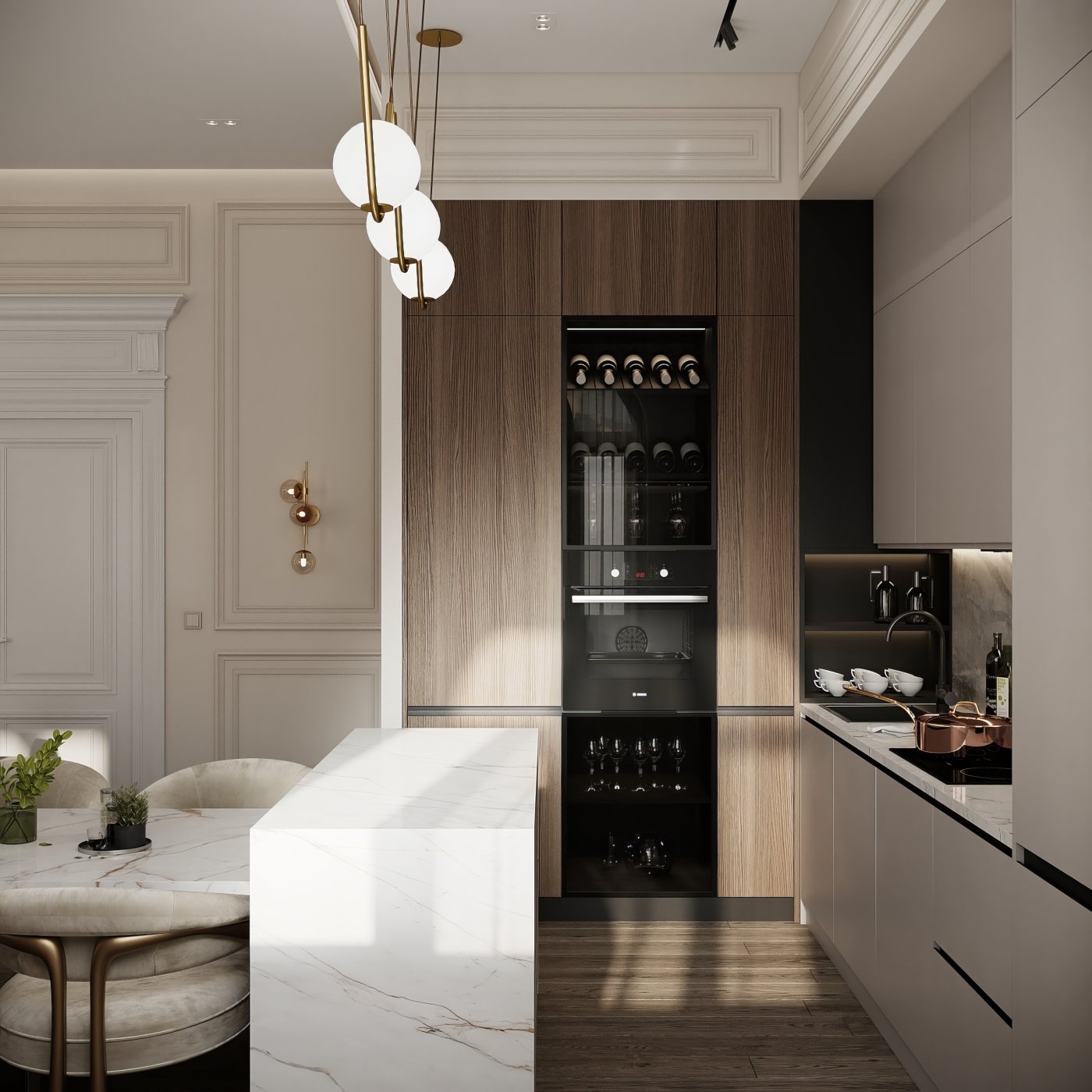 Neoclassical living room and kitchen