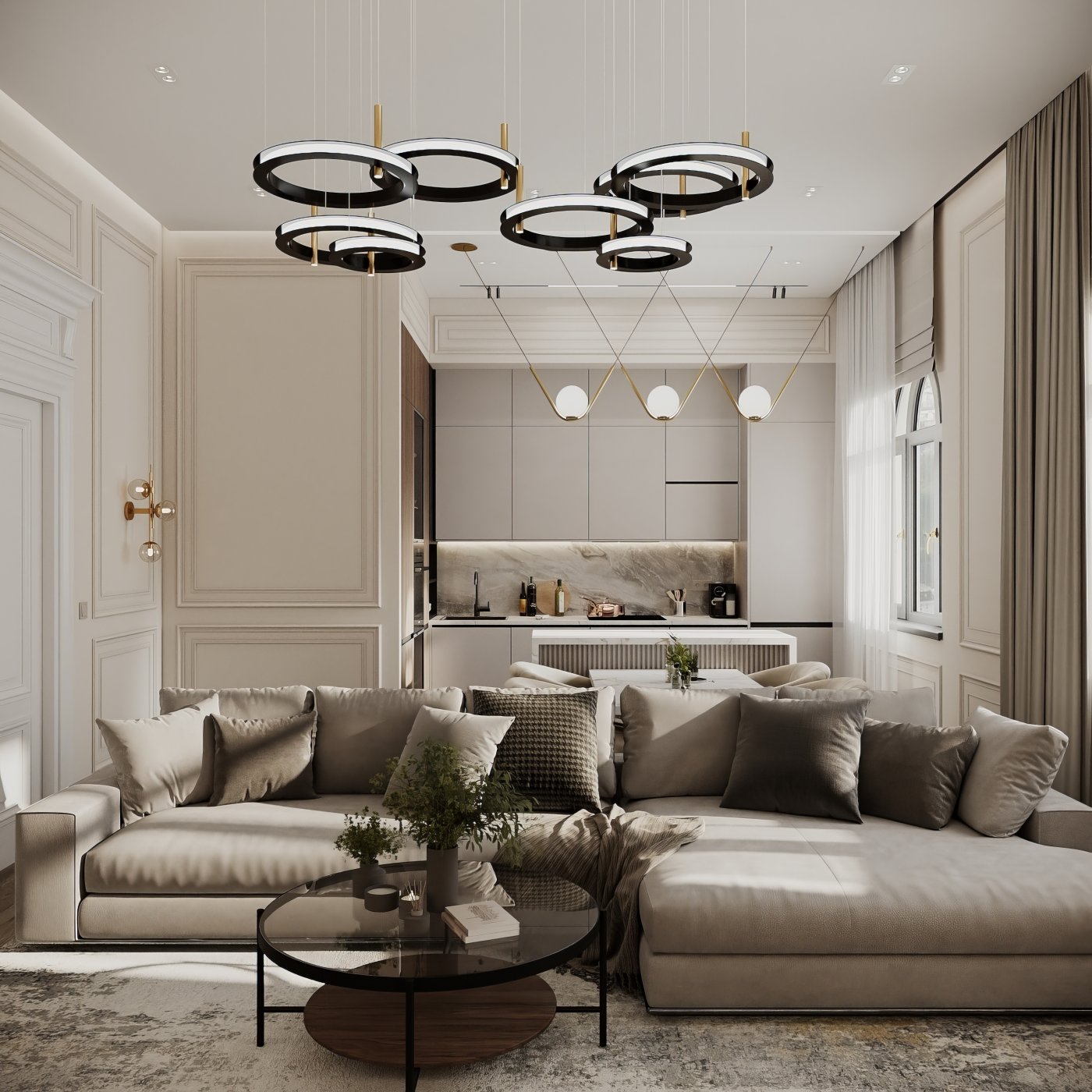 Neoclassical living room and kitchen